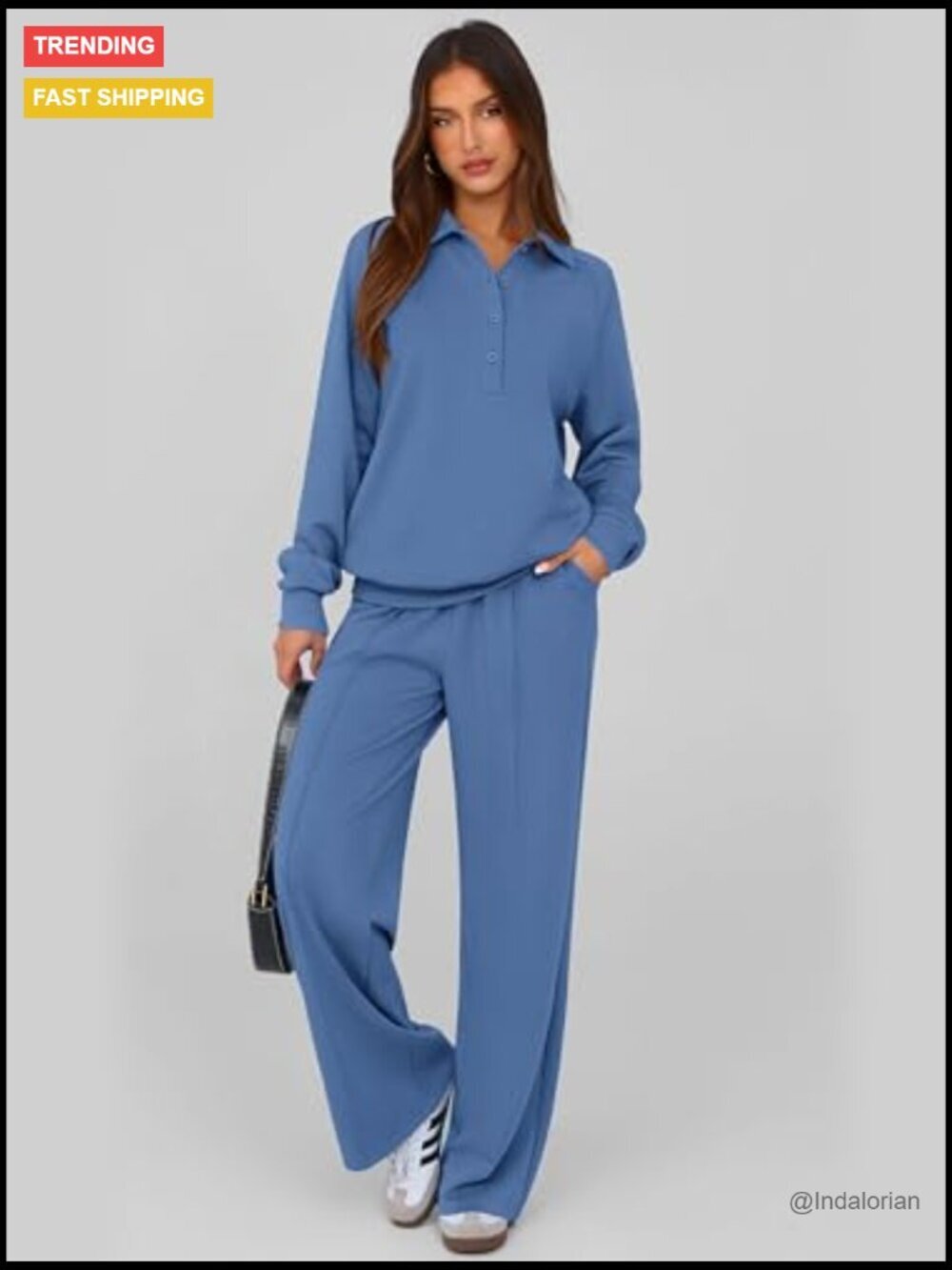 Quarter Button Long Sleeve Sweatshirt Wide Leg Pants Tracksuit Set - Picture 3 of 7